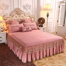 Load image into Gallery viewer, Luxury Gray Red Pink Solid Color Silky Tencel Modal Quilting Lace Bed Skirt Bedspread Bed Sheet Bed Cover Pillowcase Bedding Set
