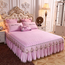 Load image into Gallery viewer, Luxury Gray Red Pink Solid Color Silky Tencel Modal Quilting Lace Bed Skirt Bedspread Bed Sheet Bed Cover Pillowcase Bedding Set
