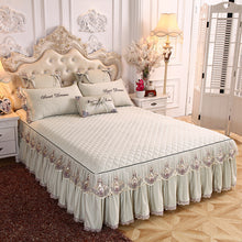Load image into Gallery viewer, Luxury Gray Red Pink Solid Color Silky Tencel Modal Quilting Lace Bed Skirt Bedspread Bed Sheet Bed Cover Pillowcase Bedding Set
